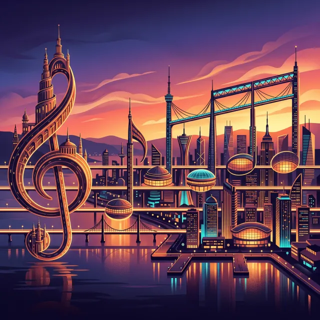 A city skyline that forms the shape of musical notes on a staff, created in a stylized graphic design aesthetic with clean architectural lines and dramatic twilight colors. - Nano Banana 2.1