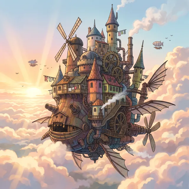 A flying castle floating in clouds at sunrise. Match the visual aesthetic of 'Howl's Moving Castle' by Studio Ghibli, with Miyazaki's blend of steampunk elements and fantasy. - Nano Banana 2.1