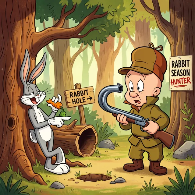 A Looney Tunes-inspired cartoon scene of a clever rabbit tricking a hunter. - Nano Banana 2.1