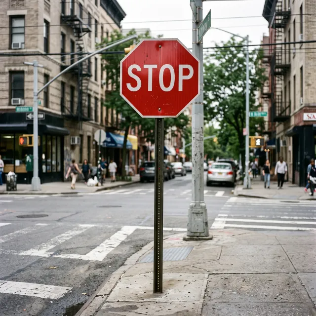 A red stop sign on a street corner displaying the word "STOP", photorealistic urban photography. - Nano Banana 2.1