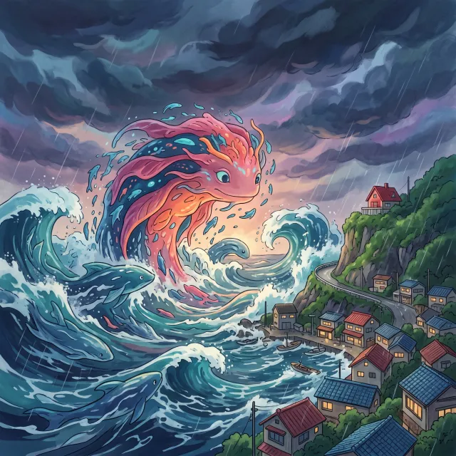 A sea creature rising from a stormy ocean near a village. Replicate the visual style of… - Google Nano Banana 2.1