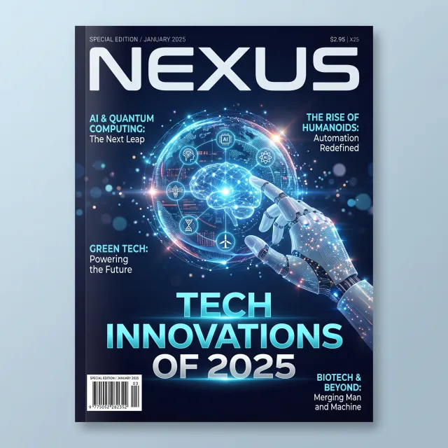 A technology magazine cover featuring the headline "Tech Innovations of 2025," clean… - Google Nano Banana 2.1