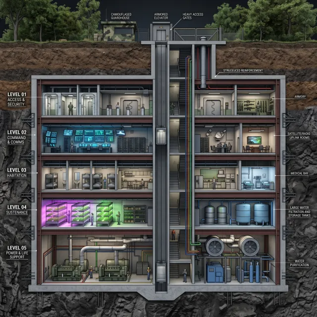 Cross-section rendering of a multi-level underground bunker with different functional… - Google Nano Banana 2.1