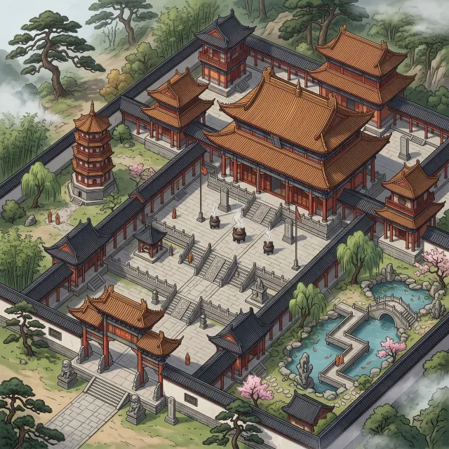 Isometric architectural illustration of an ancient Chinese temple complex showing… - Google Nano Banana 2.1