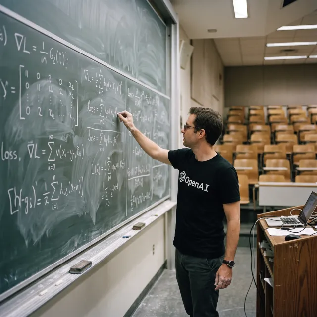 Photorealistic depiction of a man wearing a clearly visible black OpenAI-branded T-shirt. He is standing at the front of a university lecture hall, writing complex mathematics and AI-related equations across a large, dusty chalkboard filled with notation - Nano Banana 2.1