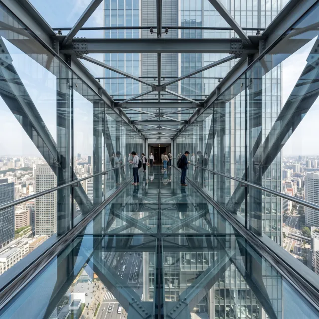 Photorealistic rendering of a contemporary glass skybridge between two skyscrapers, seen from inside with city views visible through glass walls and floor. Show accurate reflections and structural details. - Nano Banana 2.1