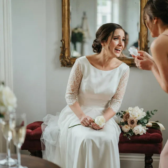 A bride on her wedding day, smiling with tears of joy in her eyes - Ideogram 4.0 (Quality)