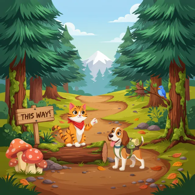 A cartoon of a cat and a dog on an adventure, drawn in a colorful 2D style. - Ideogram 4.0 (Quality)