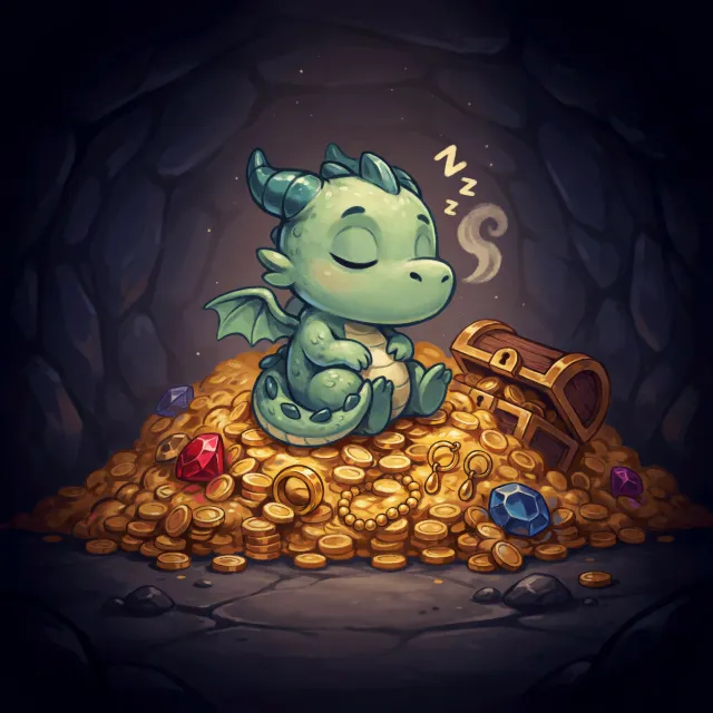A cute chibi-style dragon sleeping on a pile of gold - Ideogram 4.0 (Quality)