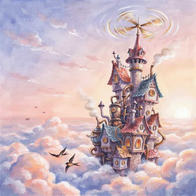 A flying castle floating in clouds at sunrise. Match the visual aesthetic of 'Howl's… - Ideogram 4.0 (Quality)