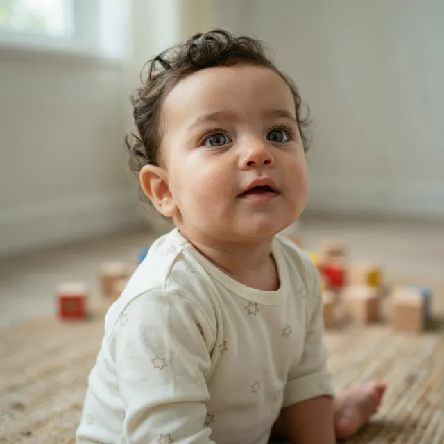 A hyper-realistic photo of a toddler with curly hair and big eyes, looking upward - Ideogram 4.0 (Quality)