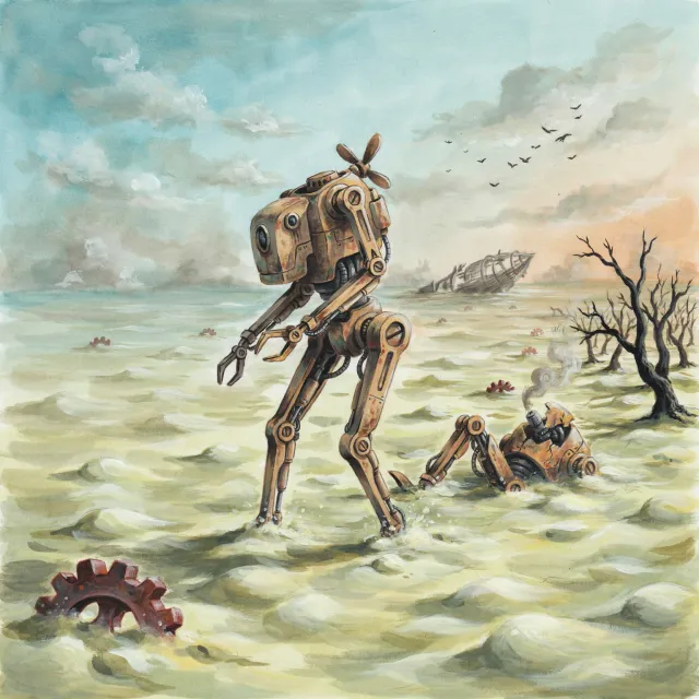 A mechanical creature in a polluted landscape. Capture the visual aesthetic of 'Nausicaä'… - Ideogram 4.0 (Quality)