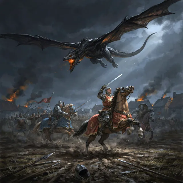 A medieval battlefield with knights on horseback and a dragon flying overhead - Ideogram 4.0 (Quality)
