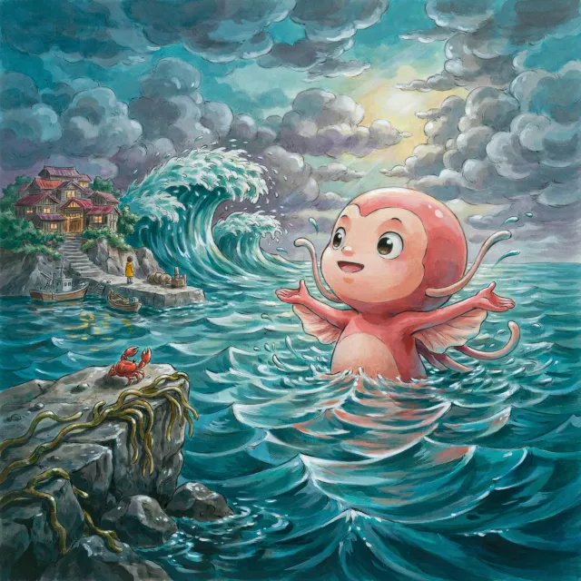 A sea creature rising from a stormy ocean near a village. Replicate the visual style of… - Ideogram 4.0 (Quality)