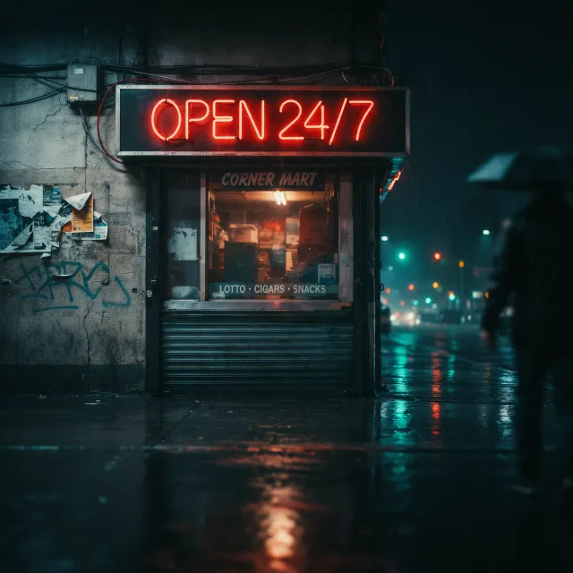 A storefront sign that says "Open 24/7" in neon lights, nighttime urban photography - Ideogram 4.0 (Quality)