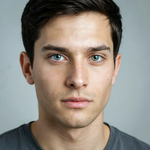 A studio headshot of a young man with one blue eye and one green eye (heterochromia) - Ideogram 4.0 (Quality)
