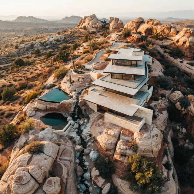 Aerial view of a modernist desert home, in the style of Frank Lloyd Wright's Fallingwater… - Ideogram 4.0 (Quality)