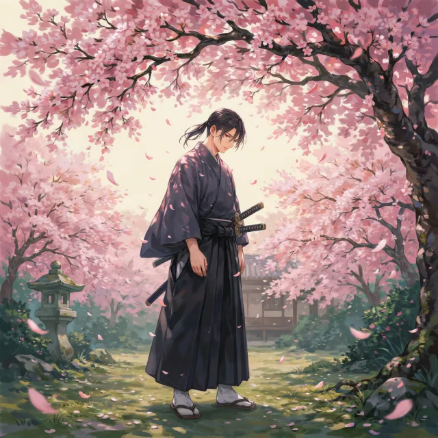 An anime-style portrait of a samurai standing under pink cherry blossoms - Ideogram 4.0 (Quality)