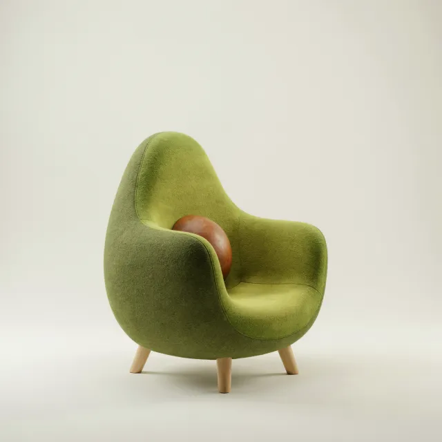 An armchair designed in the shape of an avocado, presented in a contemporary product photography style with professional studio lighting against a minimalist background. - Ideogram 4.0 (Quality)
