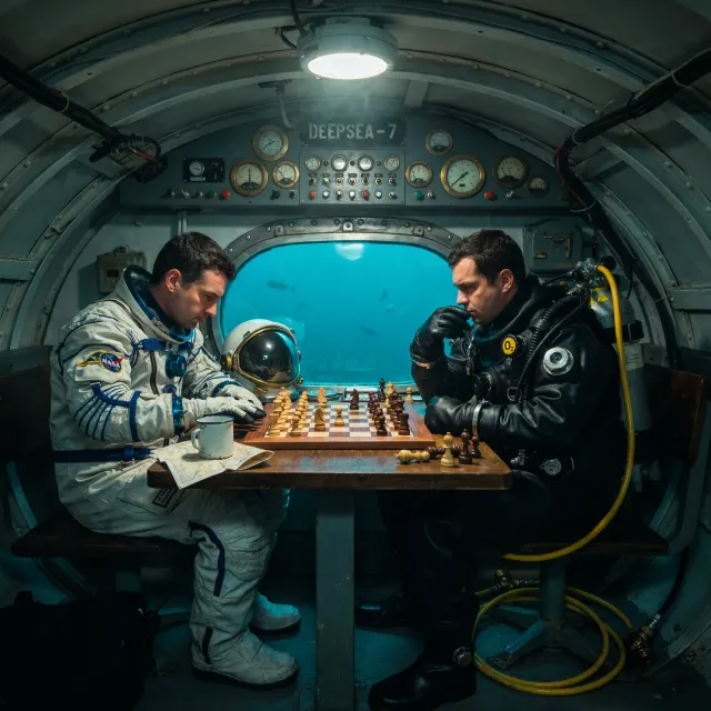 An astronaut and a deep-sea diver playing chess together inside a submarine - Ideogram 4.0 (Quality)