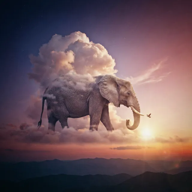 An elephant made of clouds floating in a sunset sky, rendered in a surrealist… - Ideogram 4.0 (Quality)