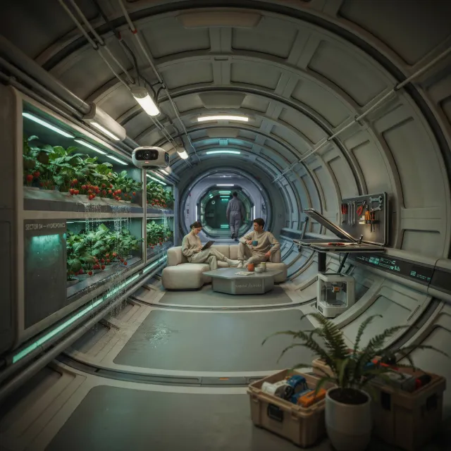 Interior of a futuristic space habitat with hydroponics gardens, communal areas, and… - Ideogram 4.0 (Quality)