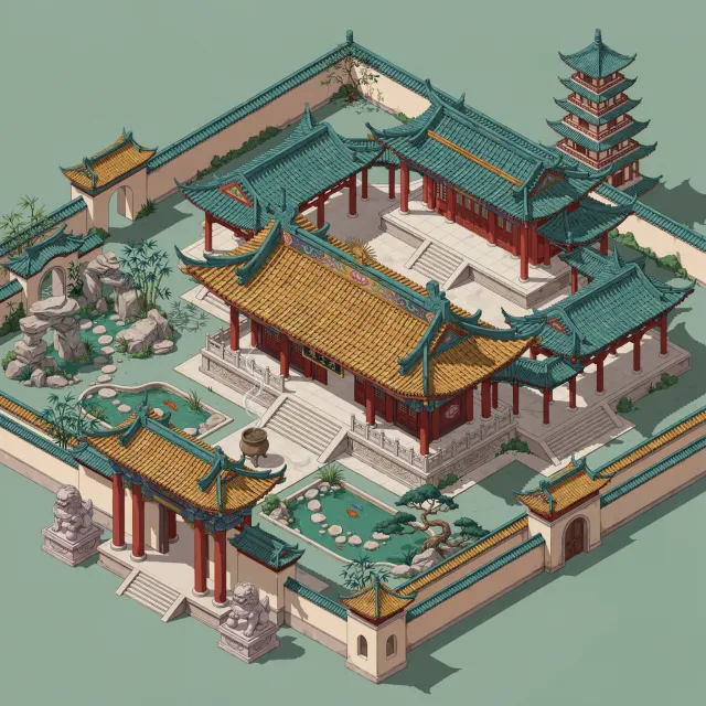 Isometric architectural illustration of an ancient Chinese temple complex showing… - Ideogram 4.0 (Quality)