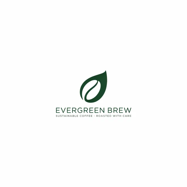 Minimalist logo for a sustainable coffee brand 'Evergreen Brew', single leaf motif, clean lines, vector style, white background. 'Evergreen Brew' contained as text in logo - Ideogram 4.0 (Quality)