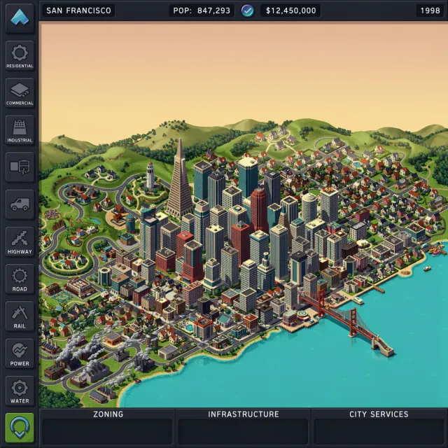 Pixel art cityscape of San Francisco in the iconic SimCity 2000 style, isometric view… - Ideogram 4.0 (Quality)