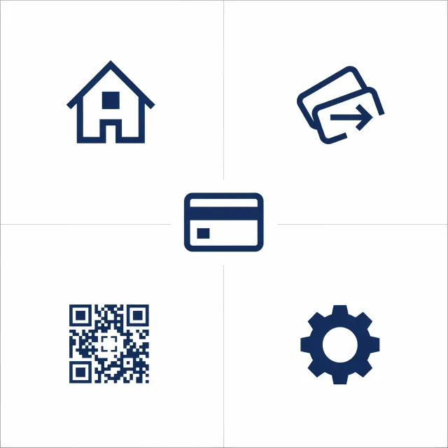 Set of 5 consistent flat design icons for a mobile banking app: 'Home', 'Transfer'… - Ideogram 4.0 (Quality)
