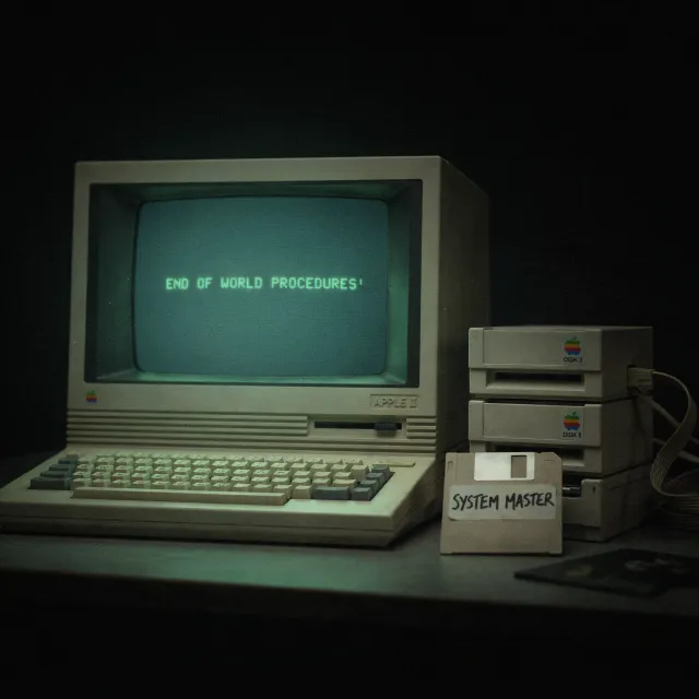 Vintage Apple II computer with green monochrome CRT screen, displaying 'END OF WORLD… - Ideogram 4.0 (Quality)