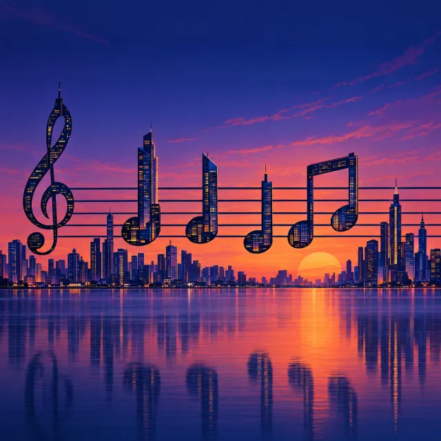 A city skyline that forms the shape of musical notes on a staff, created in a stylized graphic design aesthetic with clean architectural lines and dramatic twilight colors. - GPT Image 2.5 Flare