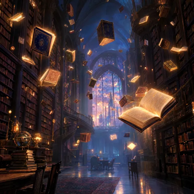 A library where the books are glowing and floating in mid-air, illustrated in a magical realism style with dramatic lighting and rich atmospheric colors. - GPT Image 2.5 Flare