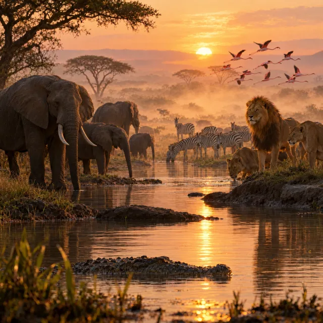 A misty dawn at an African savanna watering hole where elephants, lions, and zebras… - OpenAI GPT Image 2.5 Flare