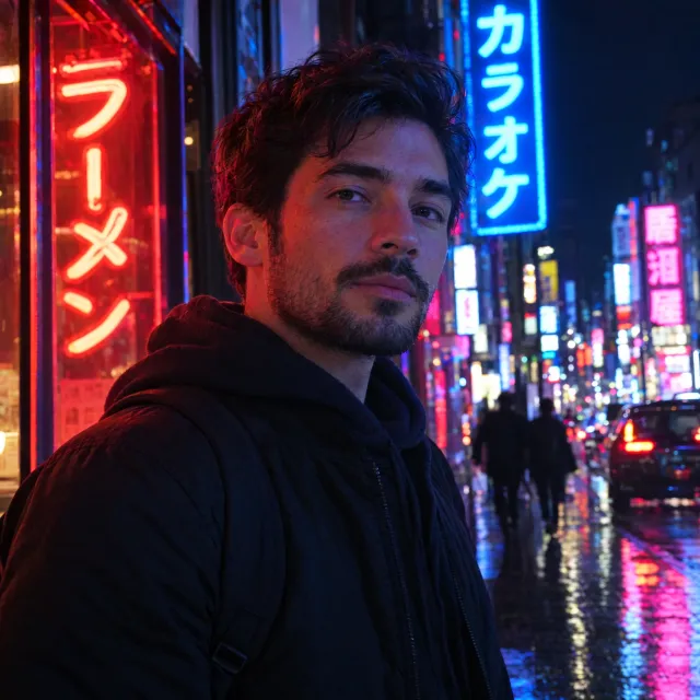 A nighttime portrait of a man lit by neon signs on a city street - OpenAI GPT Image 2.5 Flare