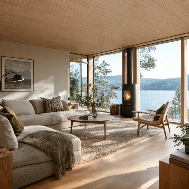 A photorealistic interior of a modern Scandinavian-style living room with natural light streaming through floor-to-ceiling windows. Show detailed wood textures, fabric materials, and proper light reflections. - GPT Image 2.5 Flare