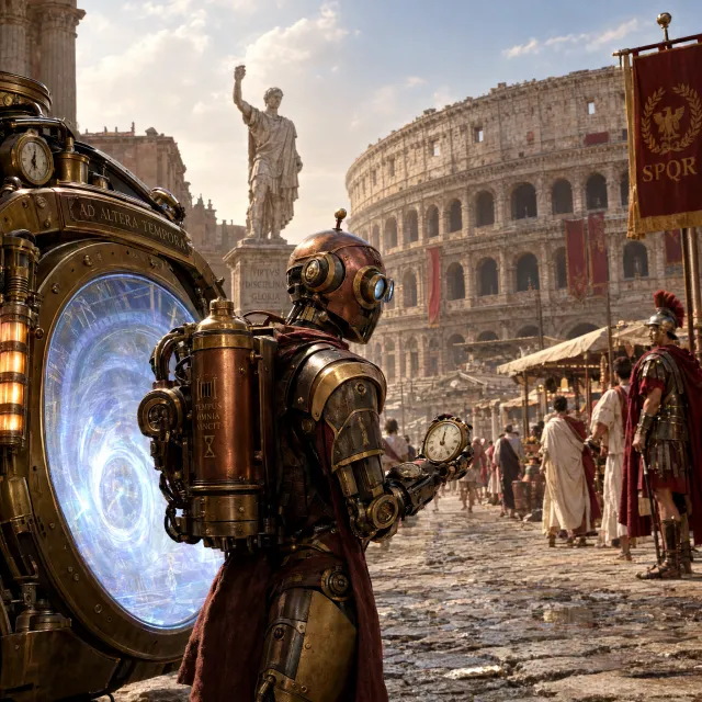 A steampunk robot time-traveling in ancient Rome, depicted in a detailed cinematic style that blends historical accuracy with copper and brass retrofuturistic aesthetics. - GPT Image 2.5 Flare
