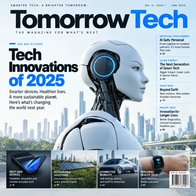 A technology magazine cover featuring the headline "Tech Innovations of 2025," clean… - OpenAI GPT Image 2.5 Flare