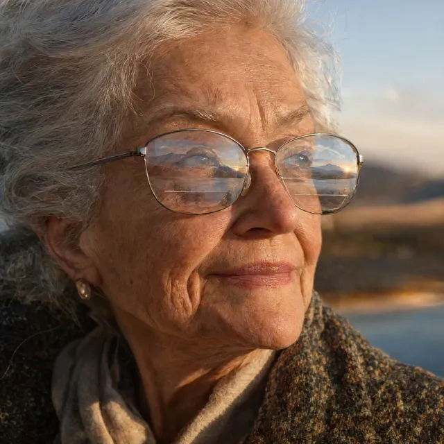 A ultra high-resolution portrait of an elderly woman with silver hair and bifocal glasses, each lens reflecting a distant landscape, captured in warm late-afternoon sunlight - GPT Image 2.5 Flare