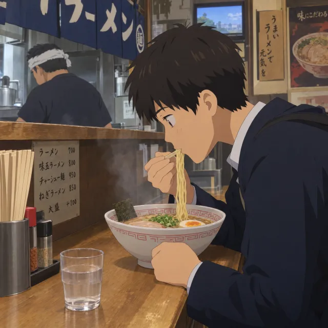 An anime scene of a character eating ramen at a small shop counter (slice-of-life style). - GPT Image 2.5 Flare