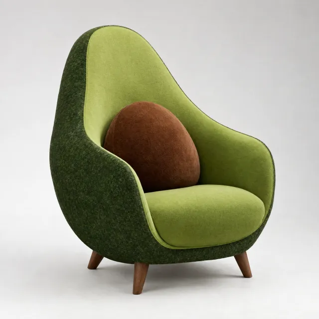 An armchair designed in the shape of an avocado, presented in a contemporary product photography style with professional studio lighting against a minimalist background. - GPT Image 2.5 Flare