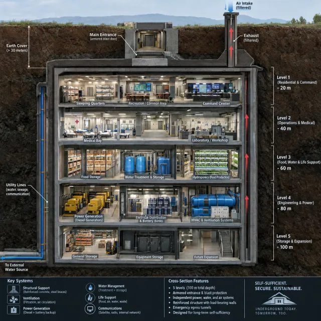 Cross-section rendering of a multi-level underground bunker with different functional… - OpenAI GPT Image 2.5 Flare