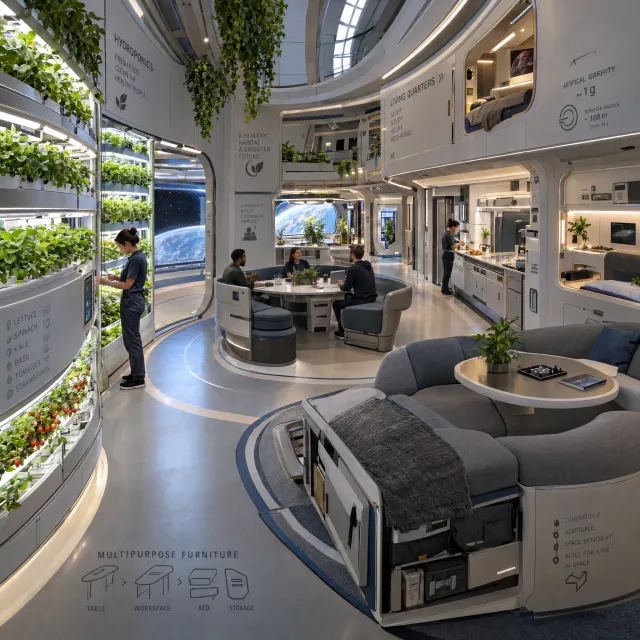 Interior of a futuristic space habitat with hydroponics gardens, communal areas, and living quarters. Show curved walls, artificial gravity considerations, and multipurpose furniture designs. - GPT Image 2.5 Flare