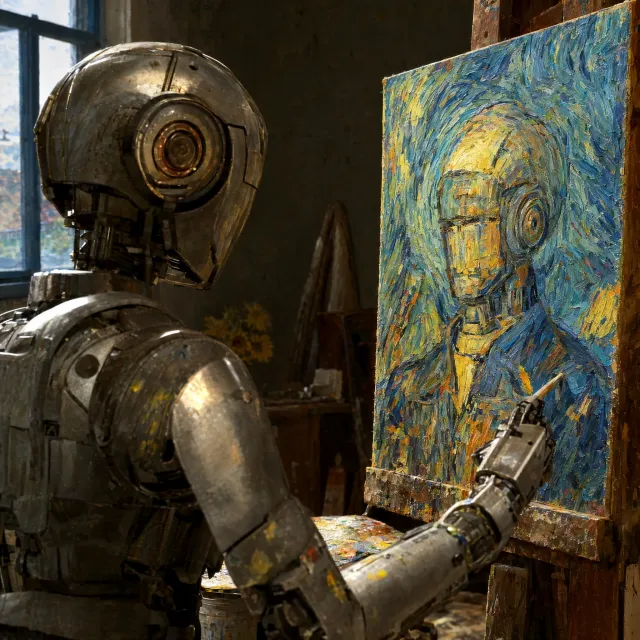 Photorealistic image of a robot painting a realistic self-portrait (i.e. the robot) on… - OpenAI GPT Image 2.5 Flare