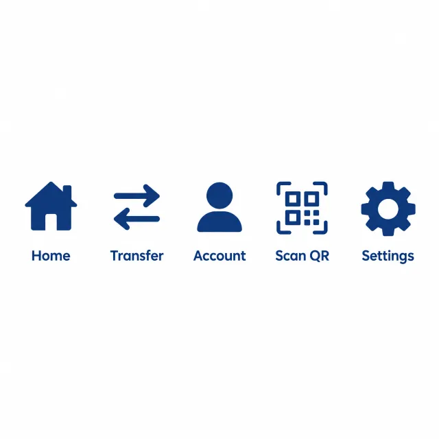 Set of 5 consistent flat design icons for a mobile banking app: 'Home', 'Transfer', 'Account', 'Scan QR', 'Settings'. Monochrome dark blue. - GPT Image 2.5 Flare