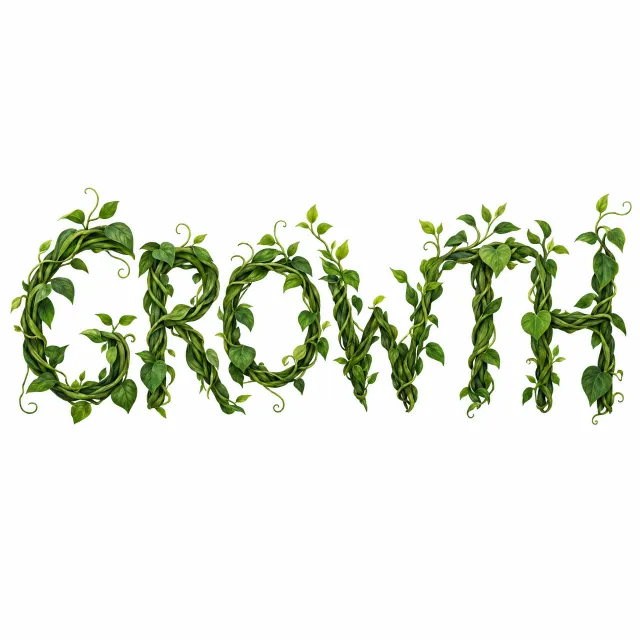 The word 'GROWTH' visualized using stylized plant vines organically forming the letters, green tones, white background, graphic design. - GPT Image 2.5 Flare