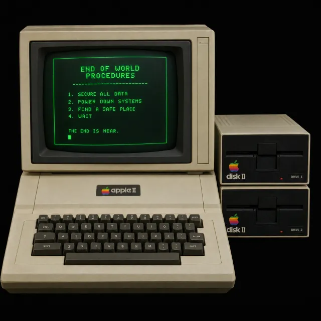 Vintage Apple II computer with green monochrome CRT screen, displaying 'END OF WORLD… - OpenAI GPT Image 2.5 Flare