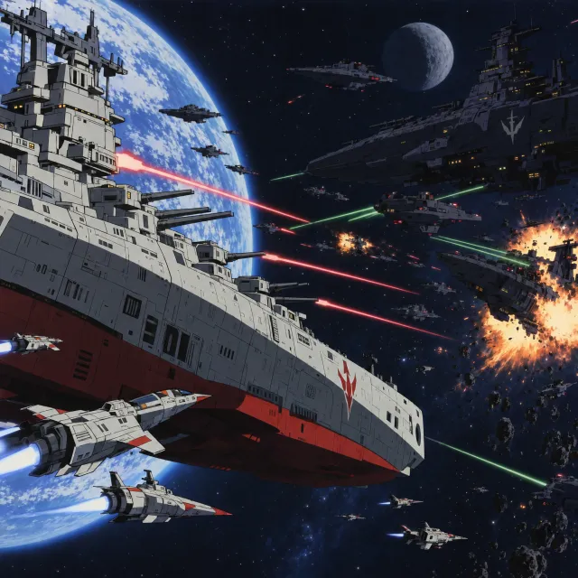 A 90s anime-style space battle scene with giant starships and laser beams. - GPT Image 2.5 Sunburst