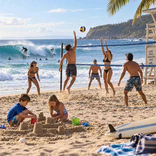 A beach scene: adults playing volleyball, kids building sandcastles, and surfers riding… - OpenAI GPT Image 2.5 Sunburst