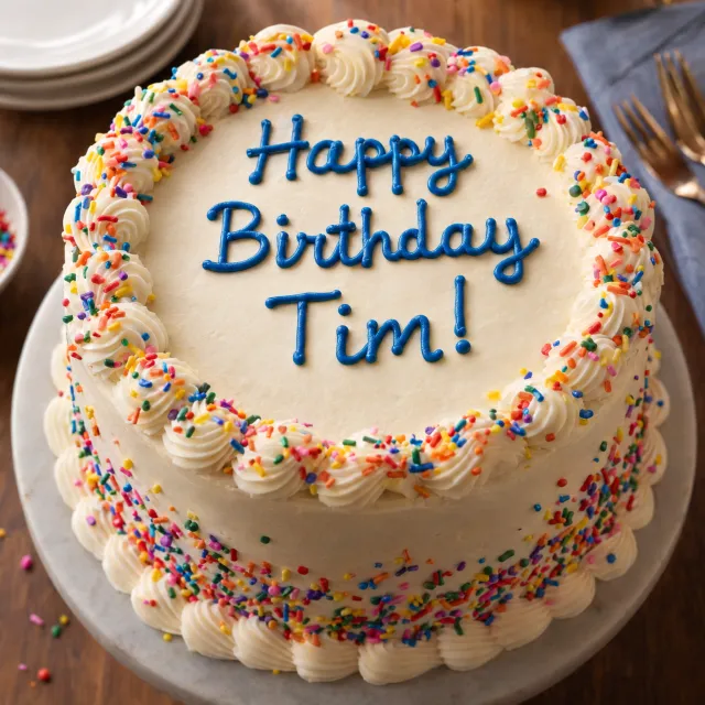 A birthday cake with icing that spells "Happy Birthday Tim!" on top, food photography… - OpenAI GPT Image 2.5 Sunburst
